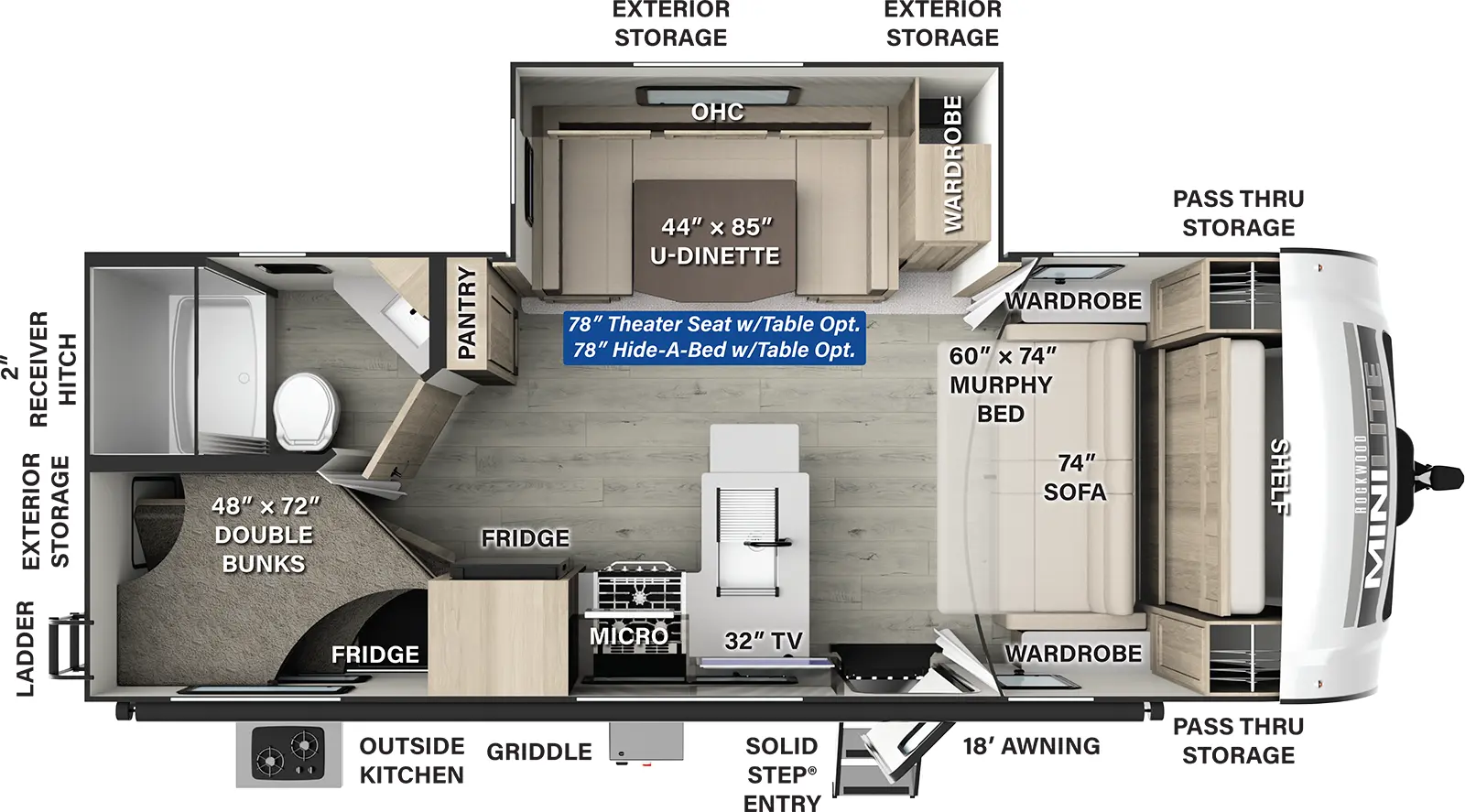 The Rockwood Mini Lite  2509S has one entry and one slide out. Exterior features include: fiberglass exterior, 18' awning and outside kitchen. Interiors features include: bunk beds, u-dinette and murphy bed.